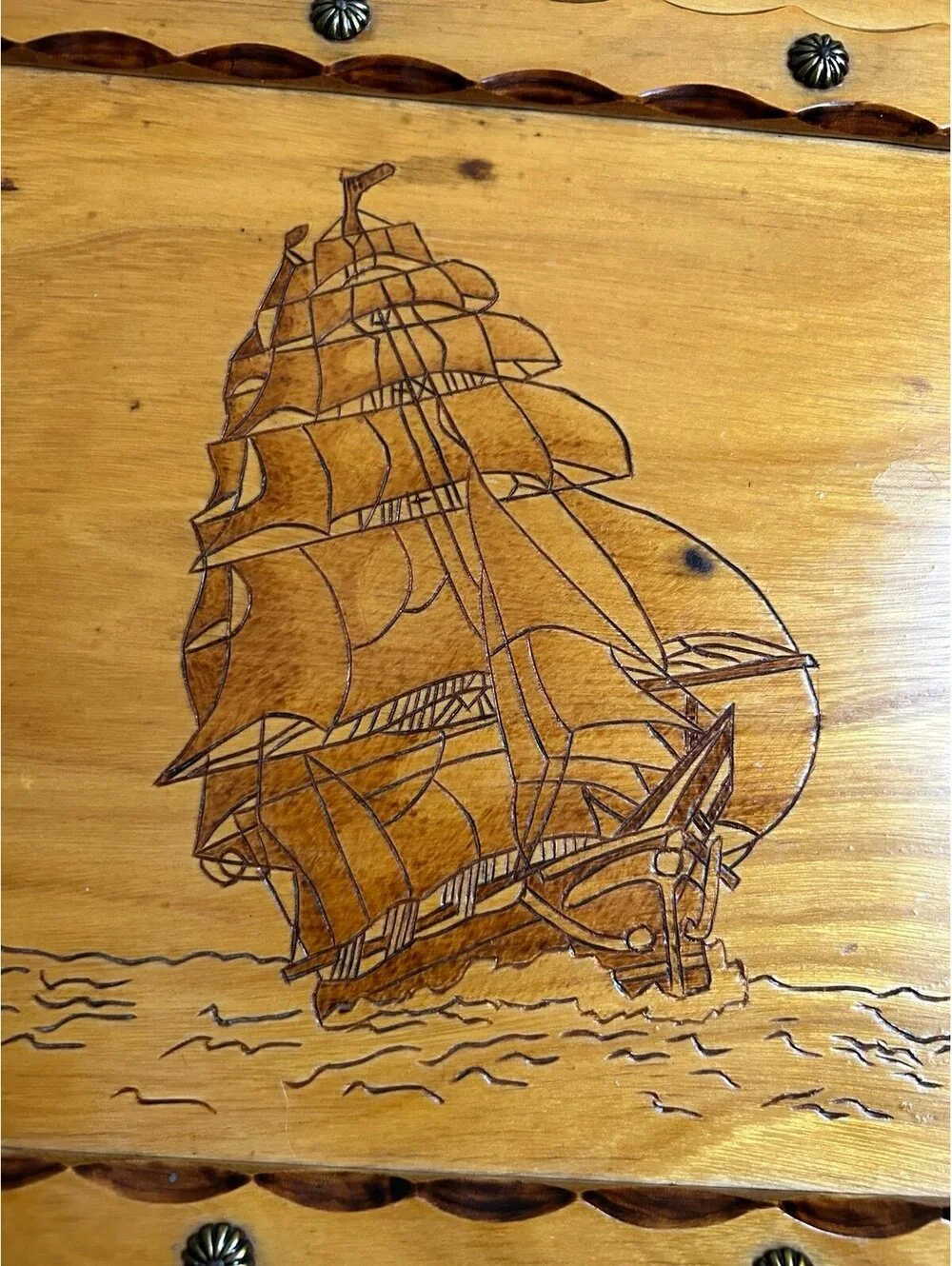 Vintage Wood Pyrography Sailing Ship Scrapbook Photo Album Nautical Folk Art